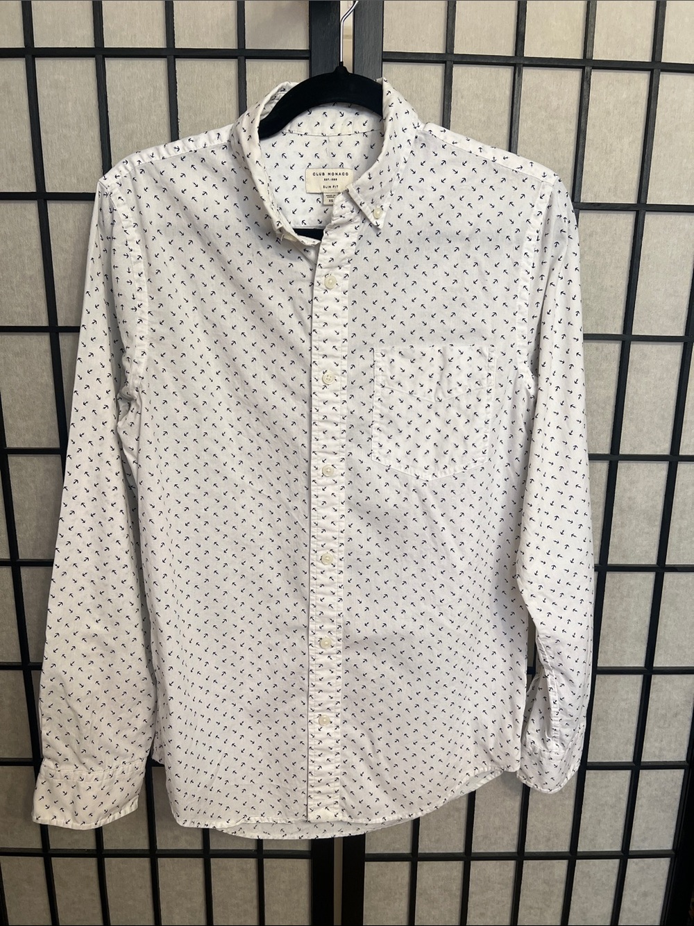 Club Monaco White Button-Down Shirt with Black Micro Print